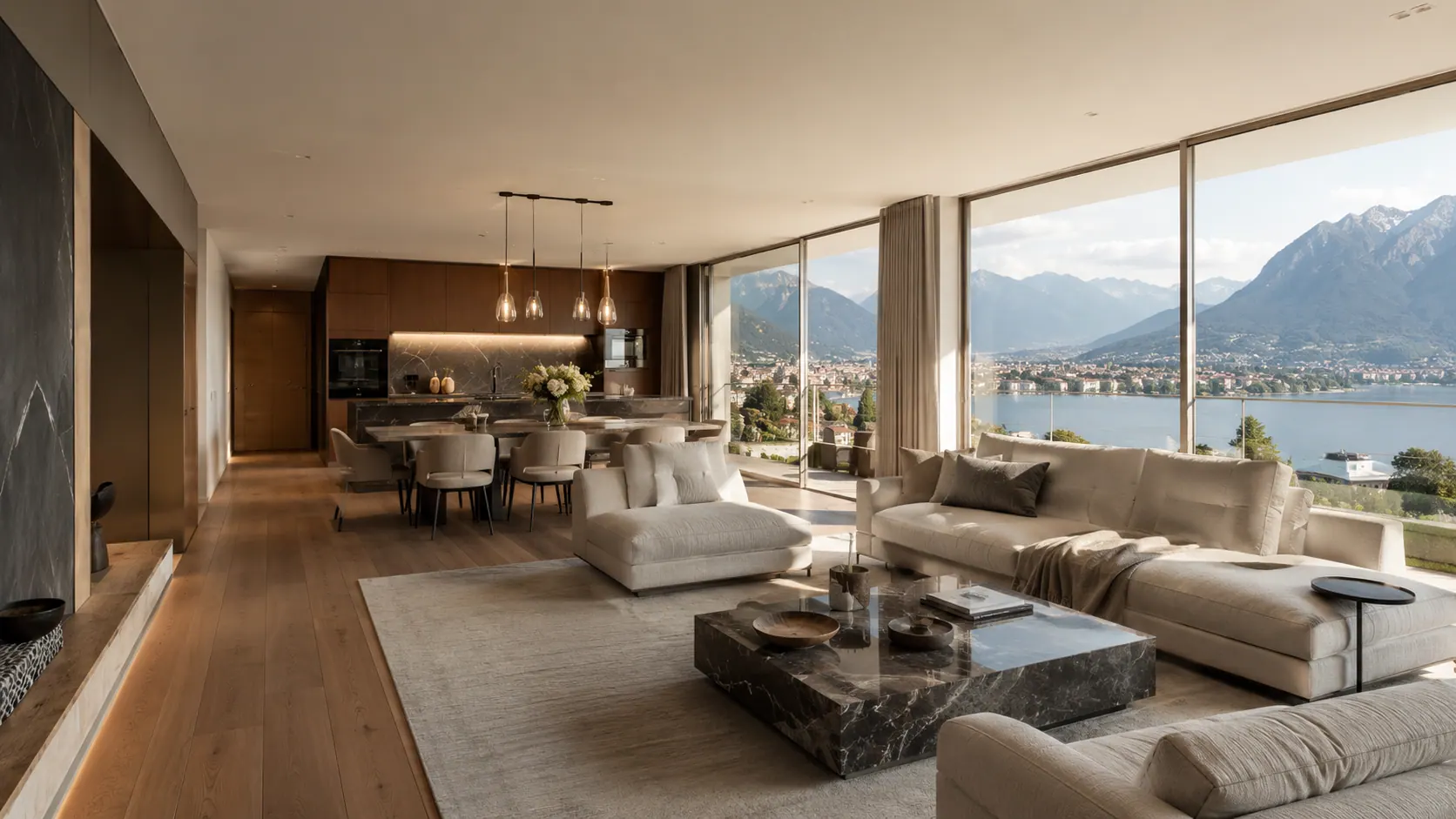 Intérieur immobilier haut de gamme avec vue sur le lac pour illustrer les biens à vendre Nexstone
