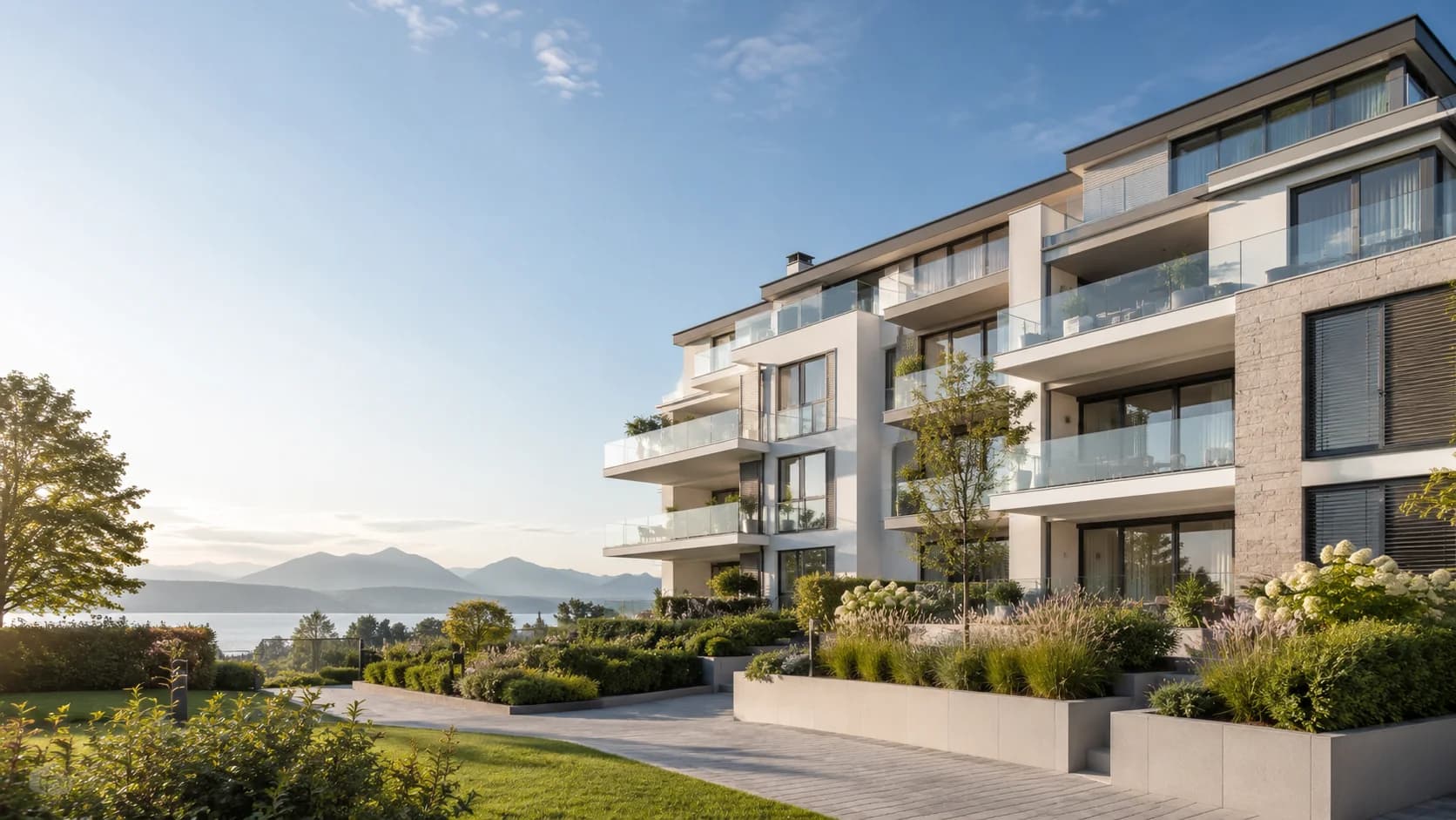 Contemporary condominium residence with garden and lake view