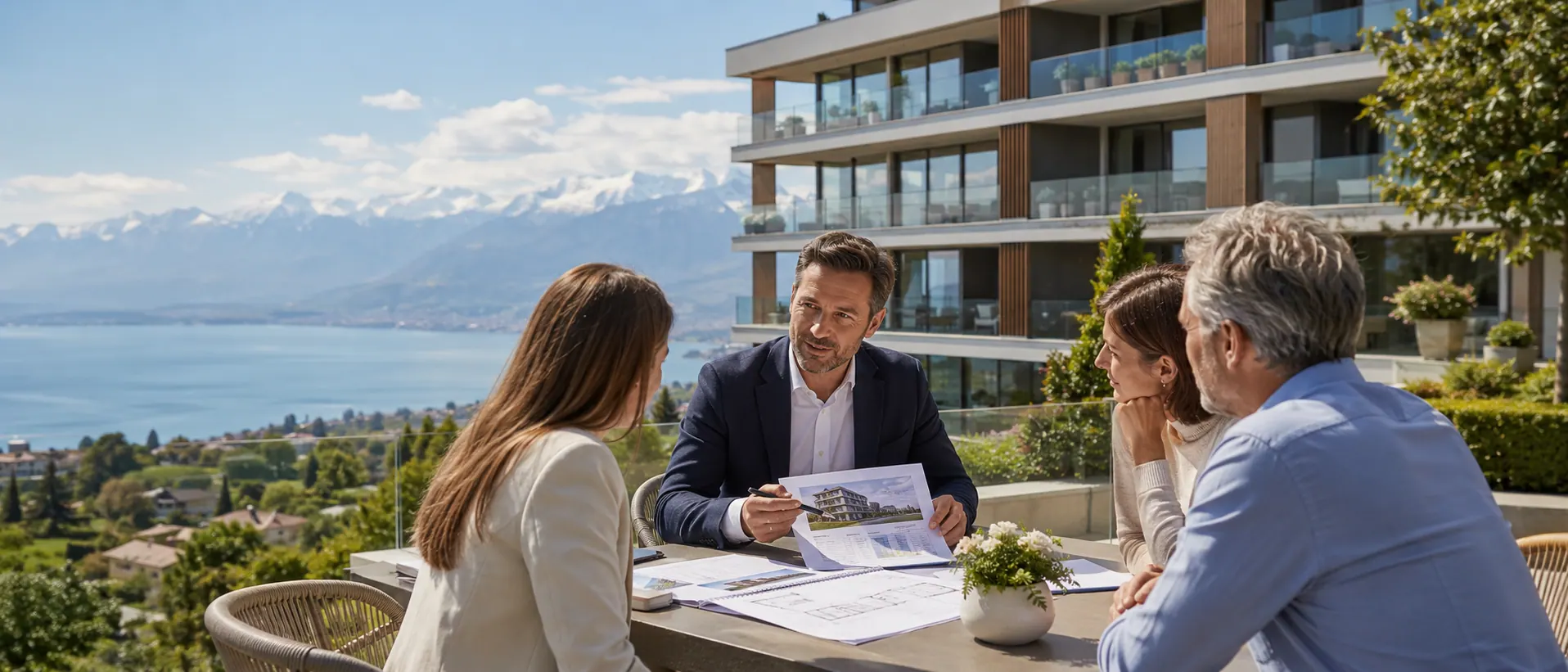 Administrateur PPE présentant un dossier à des copropriétaires dans le canton de Vaud