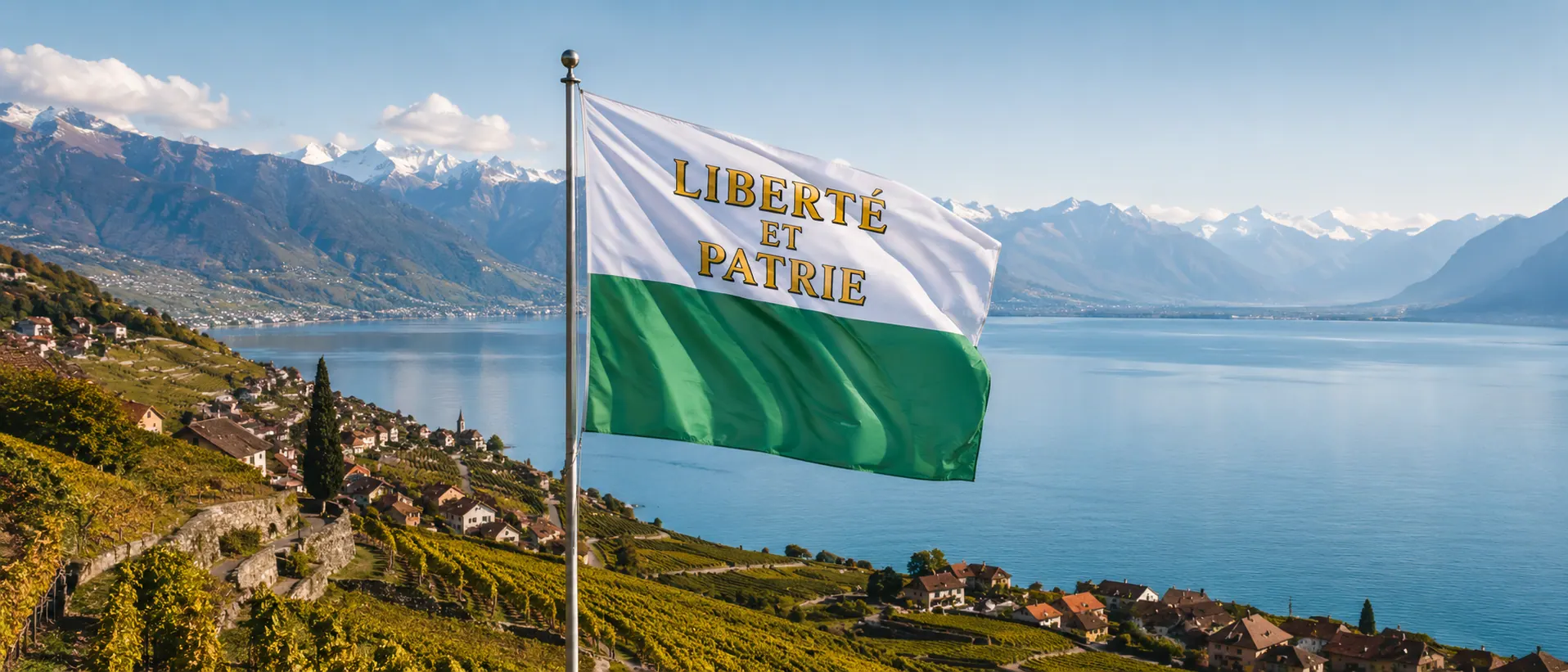 Drapeau vaudois devant les vignes et le lac Léman