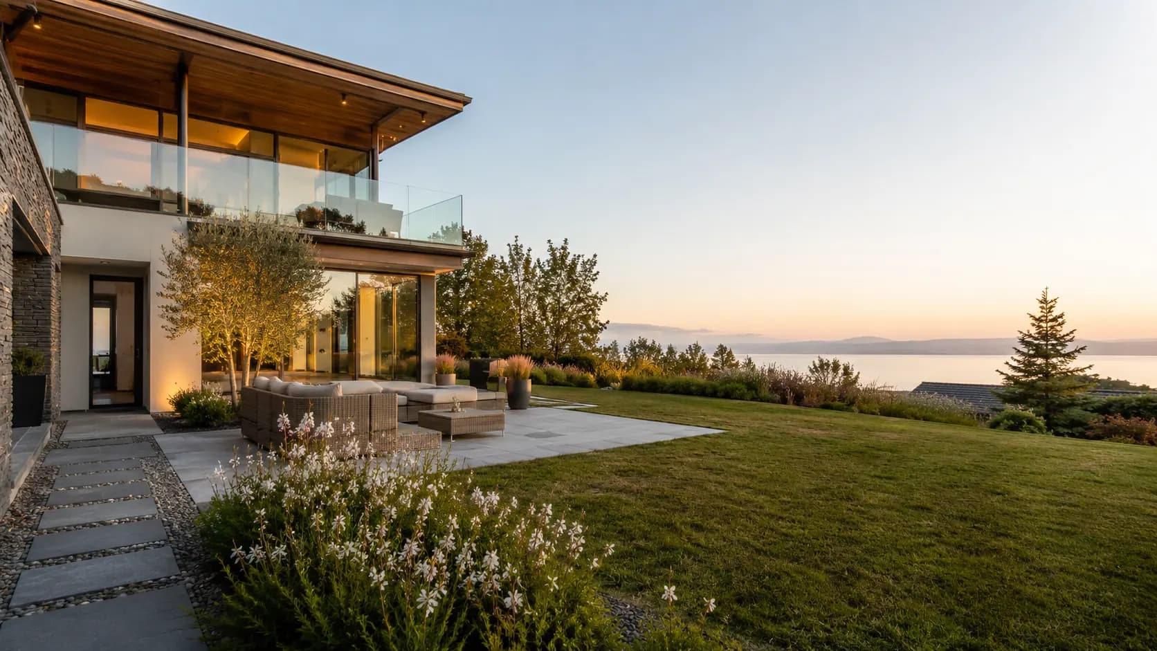 Villa contemporaine avec terrasse, jardin et vue sur le lac